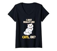 Femme J'aime Vraiment Les Chats Ok Animal Lover, Mignon Chat Persan T-Shirt avec Col en V