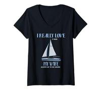 Femme J'aime Vraiment Quand ma Femme m'autorise à Faire de la Voile T-Shirt avec Col en V