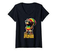 Femme Jamaica Ourson Rasta Mignon Jah Bless Reggae Roots T-Shirt avec Col en V