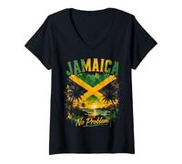 Femme Jamaïque No Problem Tropical Island Sunset Beach Vibes T-Shirt avec Col en V