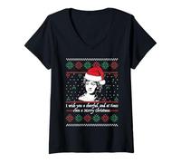 Femme Jane Austen Ugly Christmas Sweater Design Bonnet de Père Noël Meme T-Shirt avec Col en V