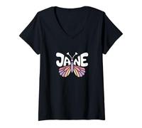 Femme Jane Butterfly - Word Art personnalisé avec nom Mignon T-Shirt avec Col en V