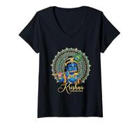 Femme Janmashtami Krishna Divinité - Vœux de Festival Religieux Hi T-Shirt avec Col en V