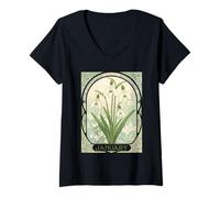 Femme Janvier Anniversaire Galanthus Fleurs Style Art Nouveau T-Shirt avec Col en V
