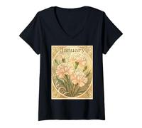 Femme Janvier Anniversaire Rose Fleurs Dianthus Style Art Nouveau T-Shirt avec Col en V