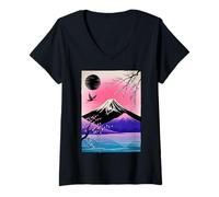 Femme Japan Art Asiatique Scenic Mount Fuji Cherry Blossoms Birds T-Shirt avec Col en V