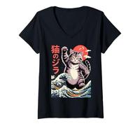 Femme Japanese Cat Art Monster Wave Funny Cat for Men Women Kids T-Shirt avec Col en V