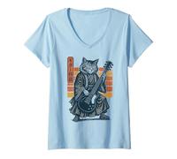 Femme Japanese Guitar Cat Samurai Retro Electric Guitar Vintage T-Shirt avec Col en V