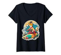 Femme Japanese Samurai Cat Retro Ginger Tabby Cat Surfing T-Shirt avec Col en V