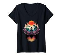 Femme Japanese Style Art Fleur De Lotus Jardinage T-Shirt avec Col en V
