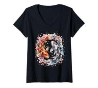 Femme Japanese Yin Yang Koi Fish Sakura Watercolor T-Shirt avec Col en V