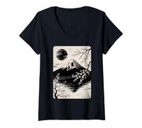 Femme Japon Fleurs de Cerisier Oiseaux Art Asiatique Scénique Mont Fuji T-Shirt avec Col en V