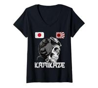 Femme Japon Rising Japonais Drapeau Soleil Pilote Crâne Samouraï Kamikaze T-Shirt avec Col en V
