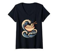 Femme Japon Vagues Udon Bol Nourriture Japonaise Nouilles T-Shirt avec Col en V