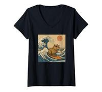 Femme Japonais Capybara Surfing Great Wave Cute Anime Japon Art T-Shirt avec Col en V