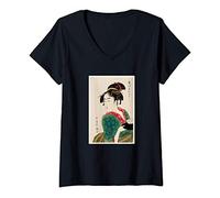 Femme Japonais Dame Kimono Maison de Thé Vintage Art Asie Ukiyo-e T-Shirt avec Col en V