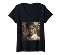 Femme Japonais Gaisha Gamer Style Japonais Future Cyperpunk T-Shirt avec Col en V