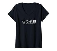 Femme Japonais Kanji Peace Comes First Minimalist Typography T-Shirt avec Col en V