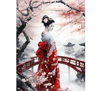 Femme Japonaise Diamond Painting Adulte, Diamond Painting Paysage Diamond Painting Petit Format 50x70cm, Rond Tableau Strass Diamant Enfant DIY Cristal Point de Croix Broderie Diamant Kit Complet 1-P