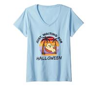 Femme J'attends juste Halloween, un joli coucher de soleil vintage d'été T-Shirt avec Col en V