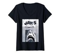 Femme Jaws 50th Anniversary Poster Black & White Collage 2-Sided T-Shirt avec Col en V