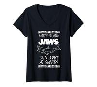 Femme Jaws Amity Island Sun Surf & Sharks T-Shirt avec Col en V