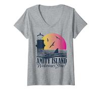 Femme Jaws Amity Island Welcomes You Shark Fin Sunset T-Shirt avec Col en V