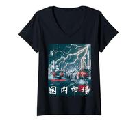 Femme JDM Drift Racing Car Lightning Scène Nocturne sur Une Rue de Tokyo T-Shirt avec Col en V