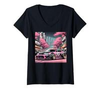 Femme JDM Silvia Race Sport Voiture Sakura Blossom Tokyo Skyline Cadeau T-Shirt avec Col en V