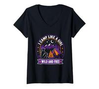 Femme Je campe comme Une Fille Sauvage et Libre T-Shirt avec Col en V