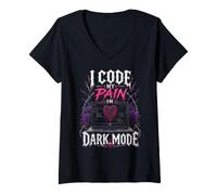 Femme Je Code ma Douleur en Mode Sombre Emo Nerd T-Shirt avec Col en V