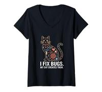 Femme Je corrige Les Bugs, Mon Chat Les crée en codant T-Shirt avec Col en V