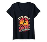 Femme Je Cours comme Une Fille, Attrape-Moi si tu Peux T-Shirt avec Col en V