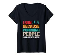Femme Je cours parce que frapper les gens est mal vu T-Shirt avec Col en V