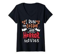 Femme Je Cours sur Le café et Les Films d'horreur Funny Coffee Lover T-Shirt avec Col en V