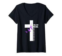 Femme Je crains Pas de Malheur Psaume 23 Croix Dieu Foi Chrétiens T-Shirt avec Col en V