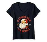Femme Je Craque pour Les Barbus, Père Noël Rétro Humoristique T-Shirt avec Col en V