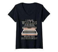Femme Je crée des Mondes avec des Mots, Un écrivain, Un auteur de Livres, Une Machine à écrire T-Shirt avec Col en V