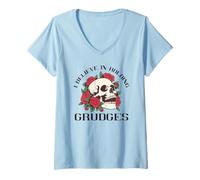 Femme Je Crois qu'il Faut Garder rancune Skull and Roses T-Shirt avec Col en V