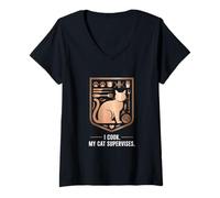 Femme Je Cuisine, Mon Chat Supervise T-Shirt avec Col en V