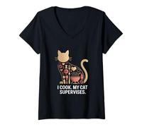 Femme Je Cuisine, Mon Chat Supervise T-Shirt avec Col en V