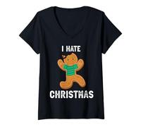 Femme Je déteste Noël, Biscuit Triste, Motif de Noël Amusant T-Shirt avec Col en V