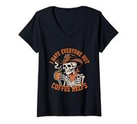 Femme Je déteste Tout Le Monde, mais Le café Aide Skeleton Cowboy Western T-Shirt avec Col en V