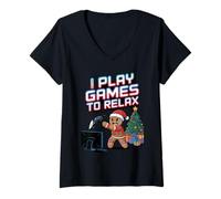 Femme Je Joue à des Jeux pour me détendre sur Une Chaise de Jeu en T-Shirt avec Col en V