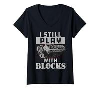 Femme Je Joue Toujours avec Blocks Funny Engine Block Car Mechanic T-Shirt avec Col en V