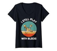 Femme Je Joue Toujours avec des Blocs - Design Rétro T-Shirt avec Col en V