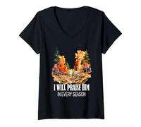 Femme Je Le louerai à Chaque Saison du culte chrétien d'automne T-Shirt avec Col en V