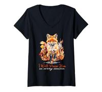 Femme Je Le louerai à Chaque Saison Fall Fox Christian Worship T-Shirt avec Col en V