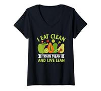 Femme Je Mange Clean Train Mean et Live Mean T-Shirt avec Col en V