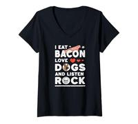 Femme Je Mange du Bacon, J'aime Les Chiens ET J'ÉCOUTE DE LA Musique Rock, Freedom Vibes T-Shirt avec Col en V